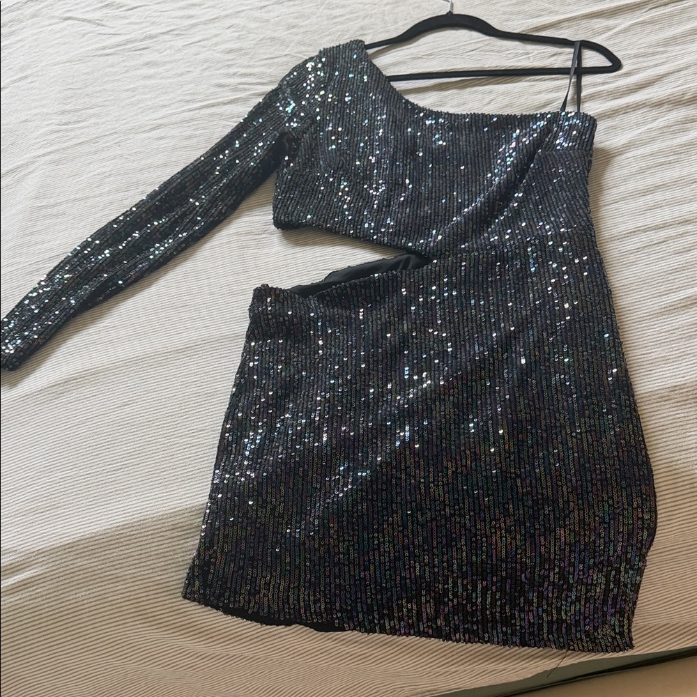 One-Shoulder Black Sequin Mini Dress